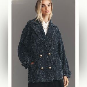 Anthropologie Maeve Navy Blue Tweed Denim Blazer